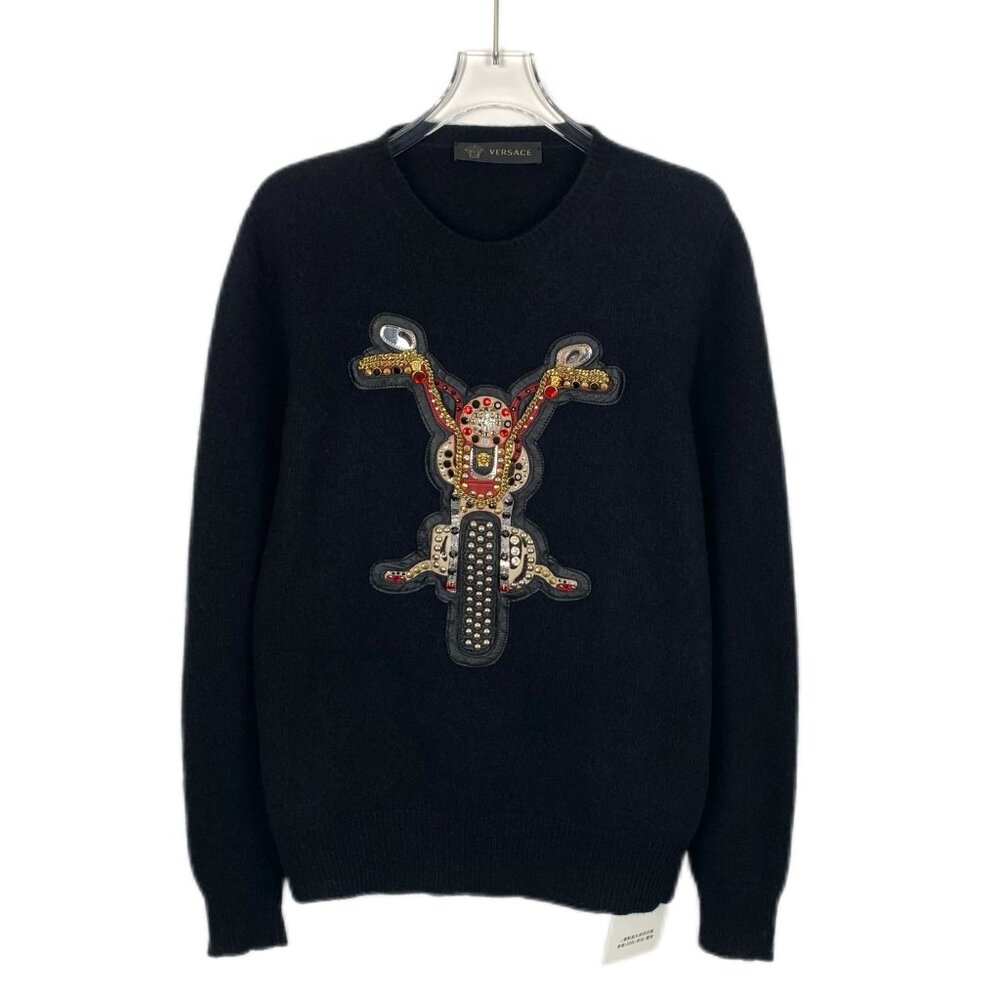 Versace Black Wool Long-Sleeve Sweater With Motorcycle Embellishment Round Neck